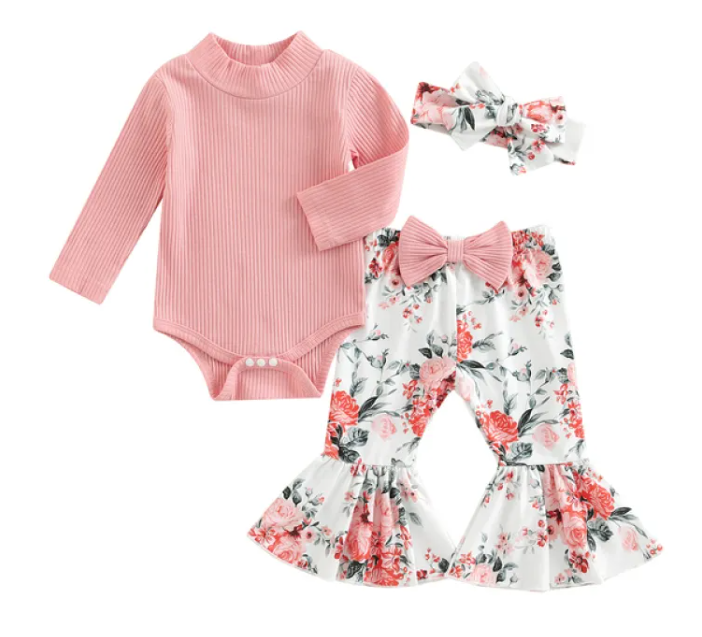 Trendy 3-Piece Ribbed Bodysuit & Flares Set