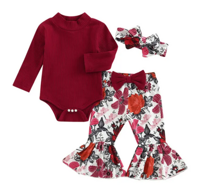Trendy 3-Piece Ribbed Bodysuit & Flares Set